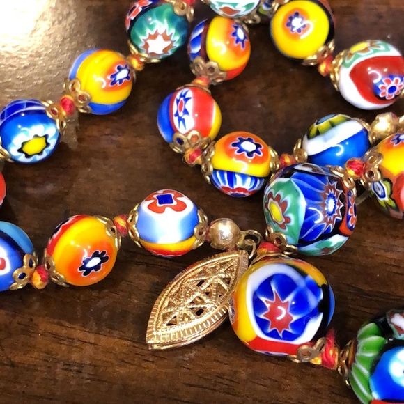 VINTAGE Graduated Millefiori Italian Hand Blown Glass Bead Necklace 24” - Picture 2 of 15